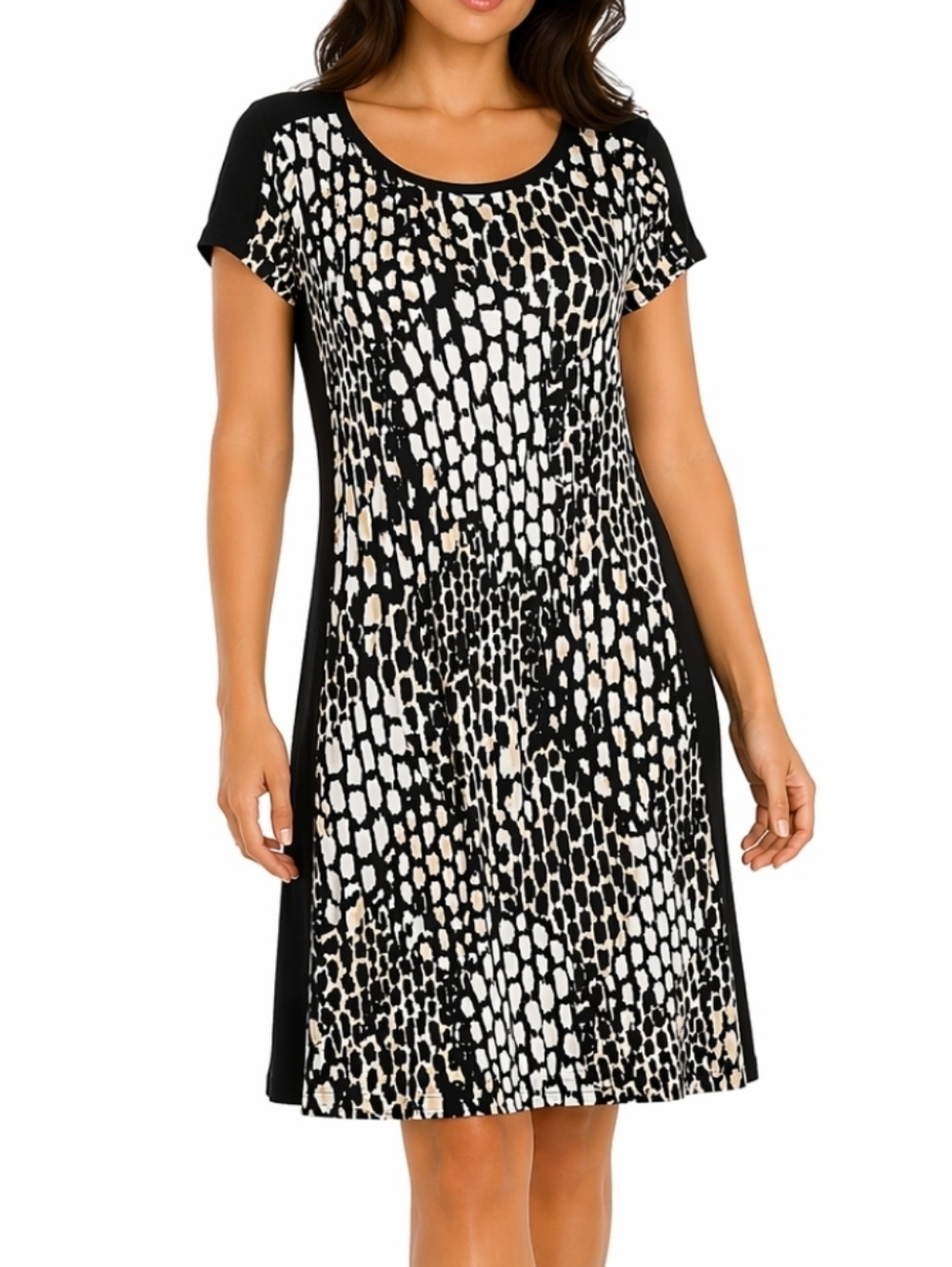 Calvin Klein Rayon Stretch Knit Black White & Tan Animal Print Shift Dress
